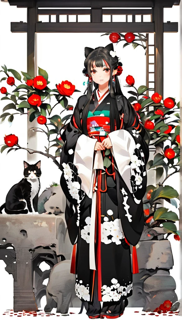 1 girl, black long hair, straight hair, kimono, Camellia flowers, full body, front view, cat next to her, paper cutting style
