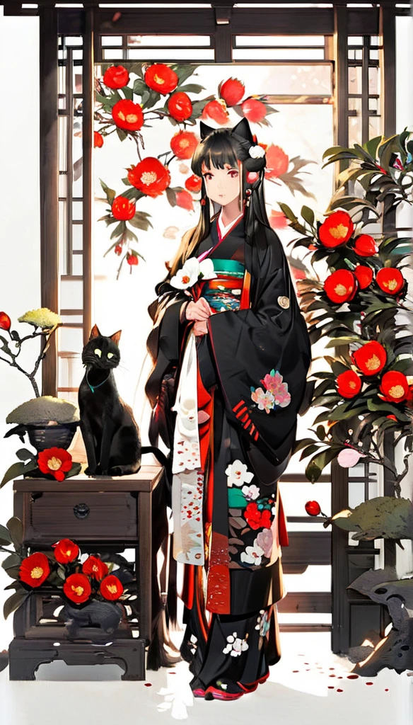 1 girl, black long hair, straight hair, kimono, Camellia flowers, full body, front view, cat next to her, paper cutting style