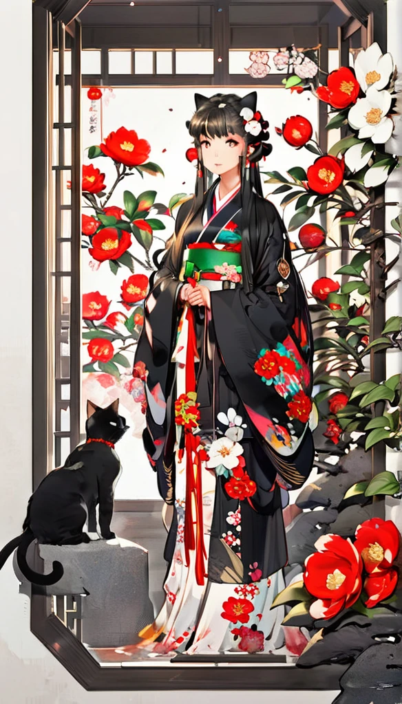 1 girl, black long hair, straight hair, kimono, Camellia flowers, full body, front view, cat next to her, paper cutting style
