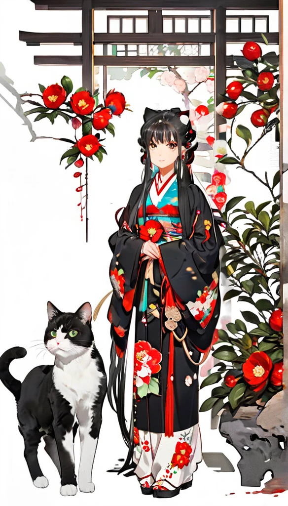 1 girl, black long hair, straight hair, kimono, Camellia flowers, full body, front view, cat next to her, paper cutting style