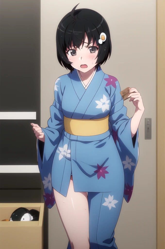 One Girl, alone, Watching,
araragitsukihi, hair ornaments,short hair, Ahoge, Unpack the box,Unbuttoned kimono,Blue kimono, egg hair ornaments, Parted bangs,Very good,Panties in full view,Sweat,Anger that opens slits,blush, Open your mouth,Ruins at night,
