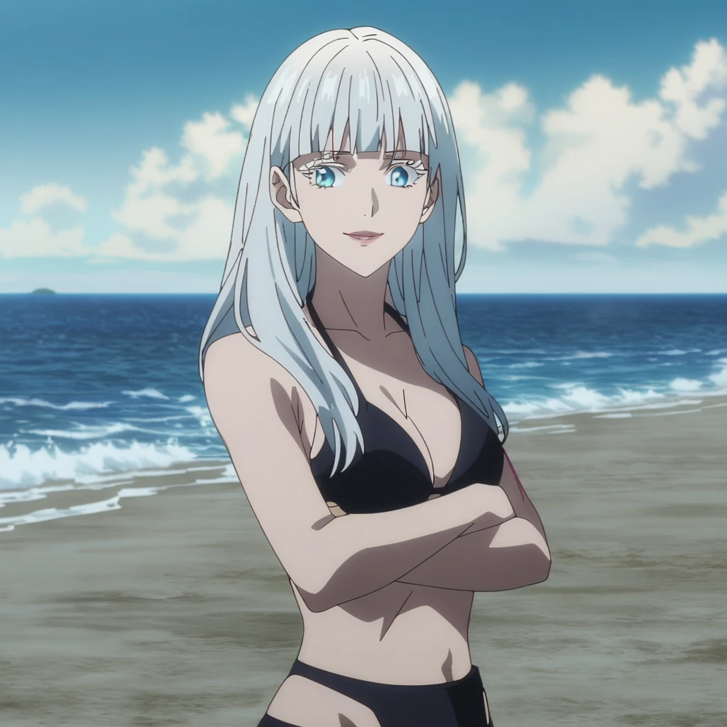 1girl, female gojo satoru, anime screencap from jujutsu kaisen, gojo satoru female version, solo, long_hair, blue eyes, ((white eyelashes)), ((white_hair)), beach view, ocean in background, breasts, upper_body, smile, indoors, book, bangs, blue_eyes, lips, (blunt bangs) , ((her hairstyle : The character in the image has long straight white hair, hair on her shoulder )) ((wearing bikini)), breast, "very detailed and high resolution" (blue eyes) ((cross arms))  ((long hair)) ((solo)) ((high resolution)) ((full body)) ((Good quality))