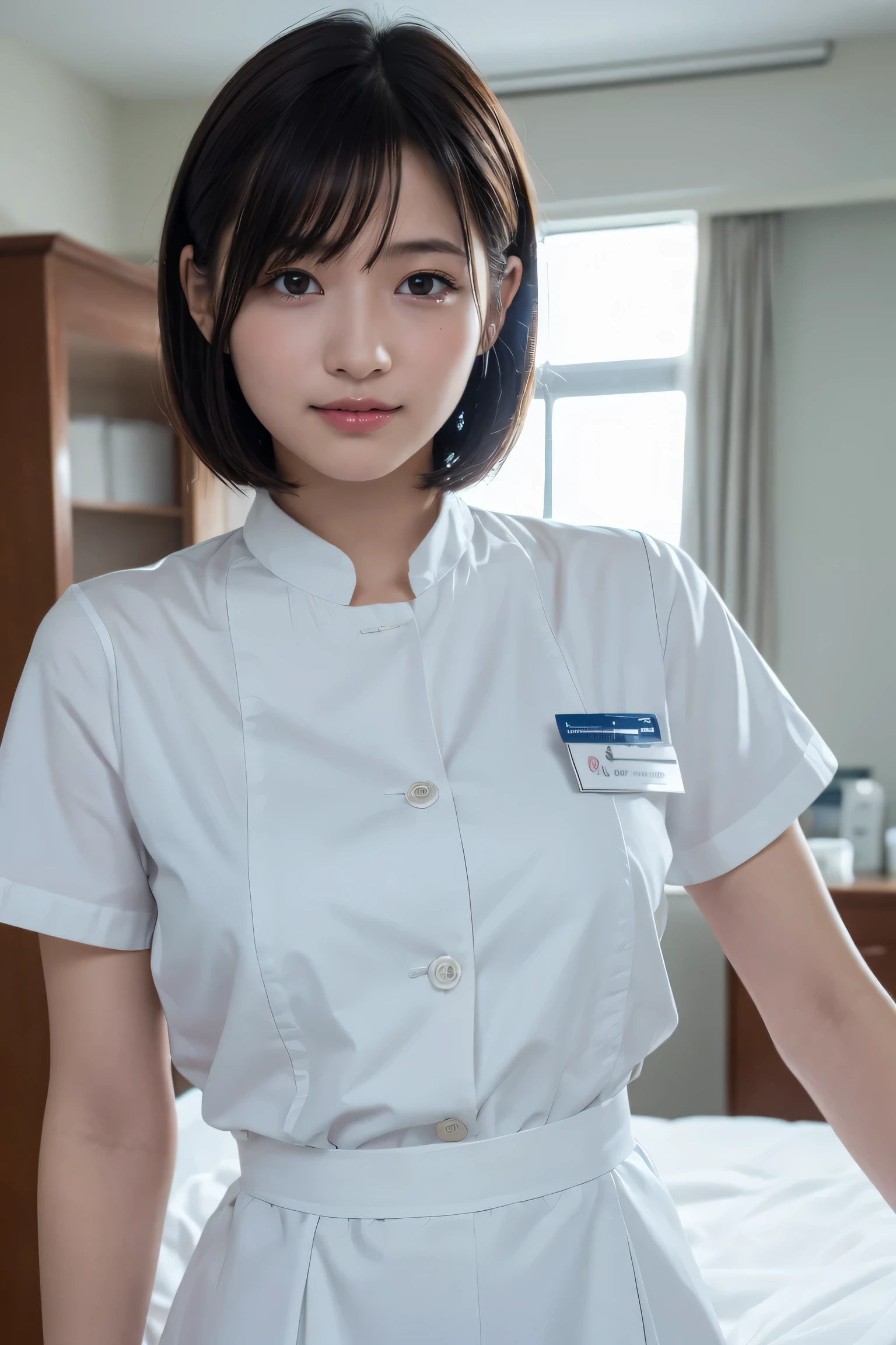 1 Girl,(Wearing white nurse clothes:1.2),(RAW Photos, Highest quality), (Realistic, photo-Realistic:1.4), masterpiece, Very delicate and beautiful, Very detailed, 2k wallpaper, wonderful, finely, Very detailed CG unity 8k wallpaper, Very detailedな, High resolution, Soft Light, Beautiful detailed girl, Very detailed eyes and face, Beautiful and detailed nose, finely beautiful eyes, nurse, Perfect Anatomy, Black Hair, Upstyle, nurse uniform, Long skirt, nurse, White costume, thin, hospital, clear, White Uniform, hospital room, Neck auscultation,Bobcut、Flip up the skirt、20th Generation、smile