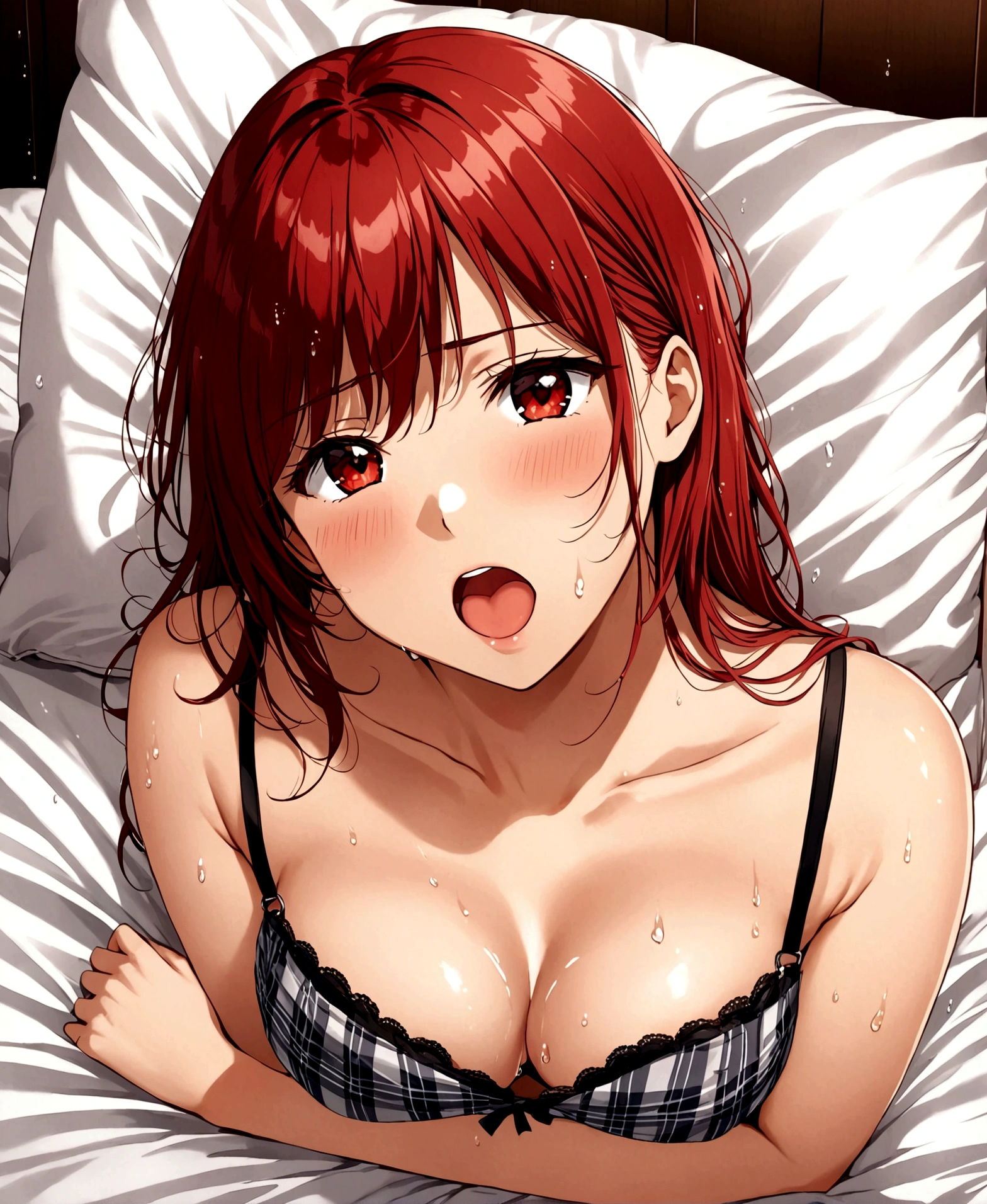 A room, feminine decor, young adult, female, beautiful, sexy, medium breasts, wide hips, small waist, shapely legs, perfect thighs, shy, blushing, sensitive, looking at the viewer, casual wear, plaid miniskirt, blouse, traslucent blouse, wet blouse, bra visible under blouse, sweat and wet body, excited, lying down, bed, head on pillow, seductive, lustful, horny, hunching her back with pleasure, moaning, screaming, fingers clinging to the sheet, red face,