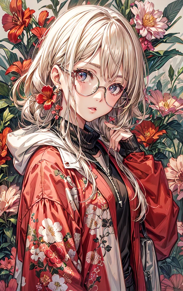 anime girl with glasses and a red hat sitting on a ledge, artwork in the style of guweiz, high quality portrait, anime vibes, anime aesthetic, wearing a hoodie and flowers, beautiful anime portrait, 🌺 cgsociety, with flowers, beautiful anime art style, artgerm and atey ghailan, high quality anime artstyle, trending anime art, anime girl