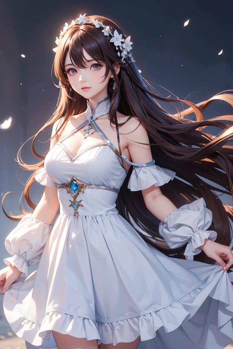 Masterpiece, Best quality, 1 Female, Mature Woman, Elder Sister, young girl, Sister, brown eyes, long hair, smoky mix brown color hair, resolute eyes, white mix blue dress, long white eardrop, morden, frontal photo, blank background, remove background, anime, illustration