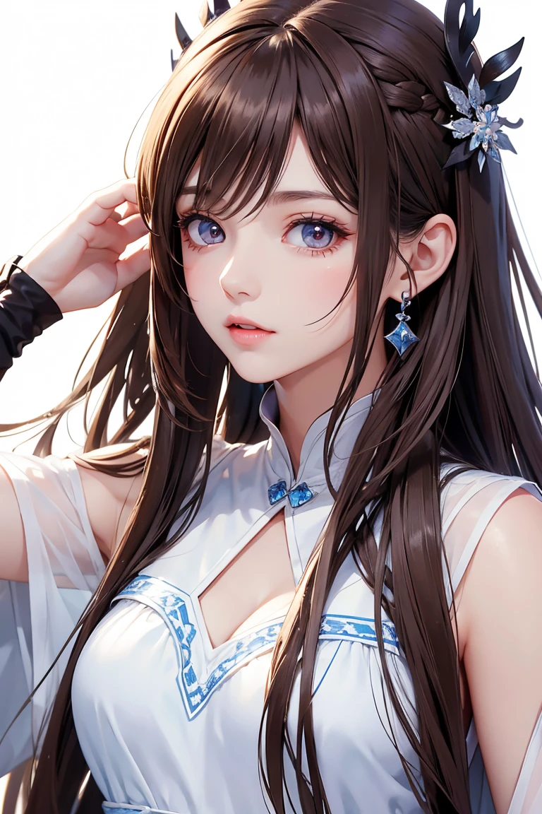 Masterpiece, Best quality, 1 Female, Mature Woman, Elder Sister, young girl, Sister, brown eyes, long hair, smoky mix brown color hair, resolute eyes, white mix blue dress, long white eardrop, morden, frontal photo, blank background, remove background, anime, illustration