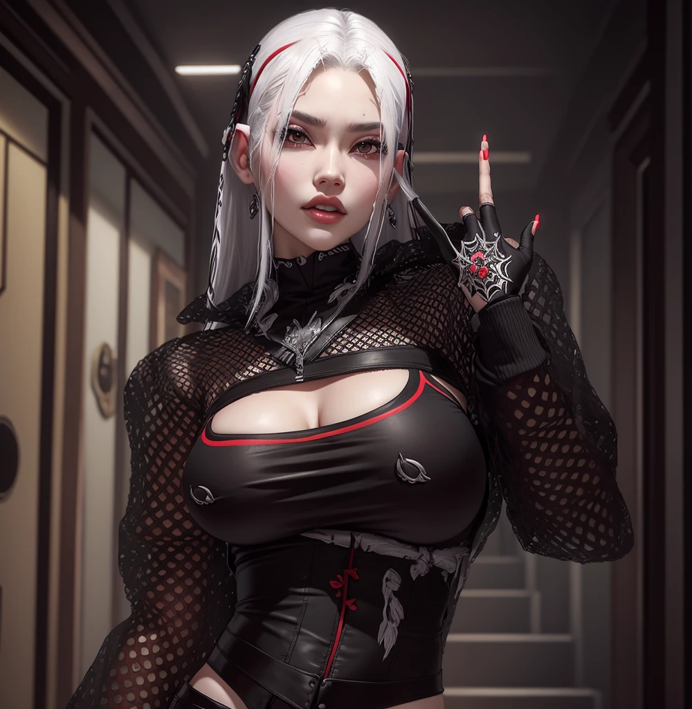 AVATAR SECOND LIFE Korean girl black and red blouse, Asian, White hair, White hair, White hair, Perfect and detailed face, imvu, maximalist details, AVATAR SECOND LIFE Korean blouse and pants , neon, White hair, skirt with ripped tights, Black Skirt