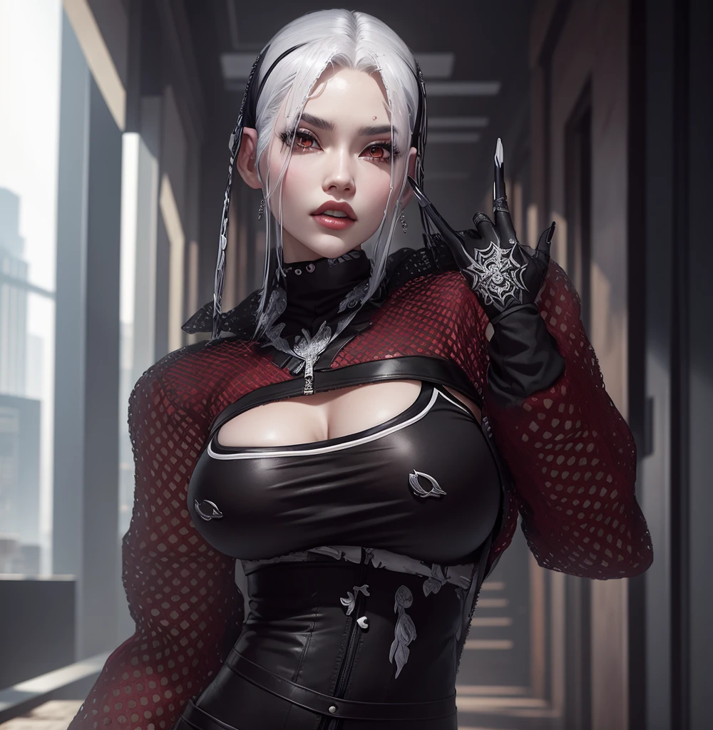 AVATAR SECOND LIFE Korean girl black and red blouse, Asian, White hair, White hair, White hair, Perfect and detailed face, imvu, maximalist details, AVATAR SECOND LIFE Korean blouse and pants , neon, White hair, skirt with ripped tights, Black Skirt