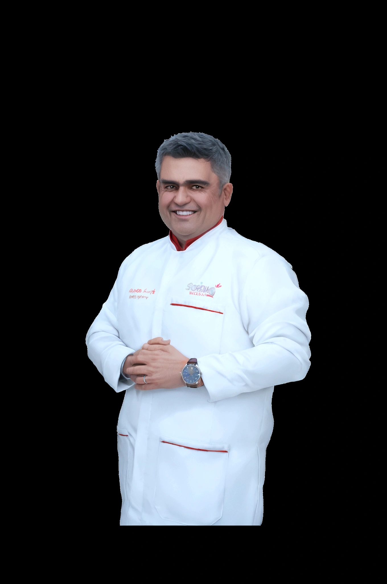 Cartoon character of a man in a white coat, sorindo