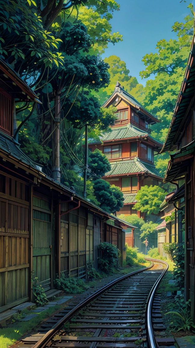 masterpiece, depicting a Japanese urban scene on a sunny day, blue sky, buildings with walls covered in green vines, an old sign, lush greenery along the sidewalk  , train in the distance, post-war Showa period architectural style, anime influenced art to create sharp lines, dark green for trees, blue for sky, buildings  rust, anime, 8k