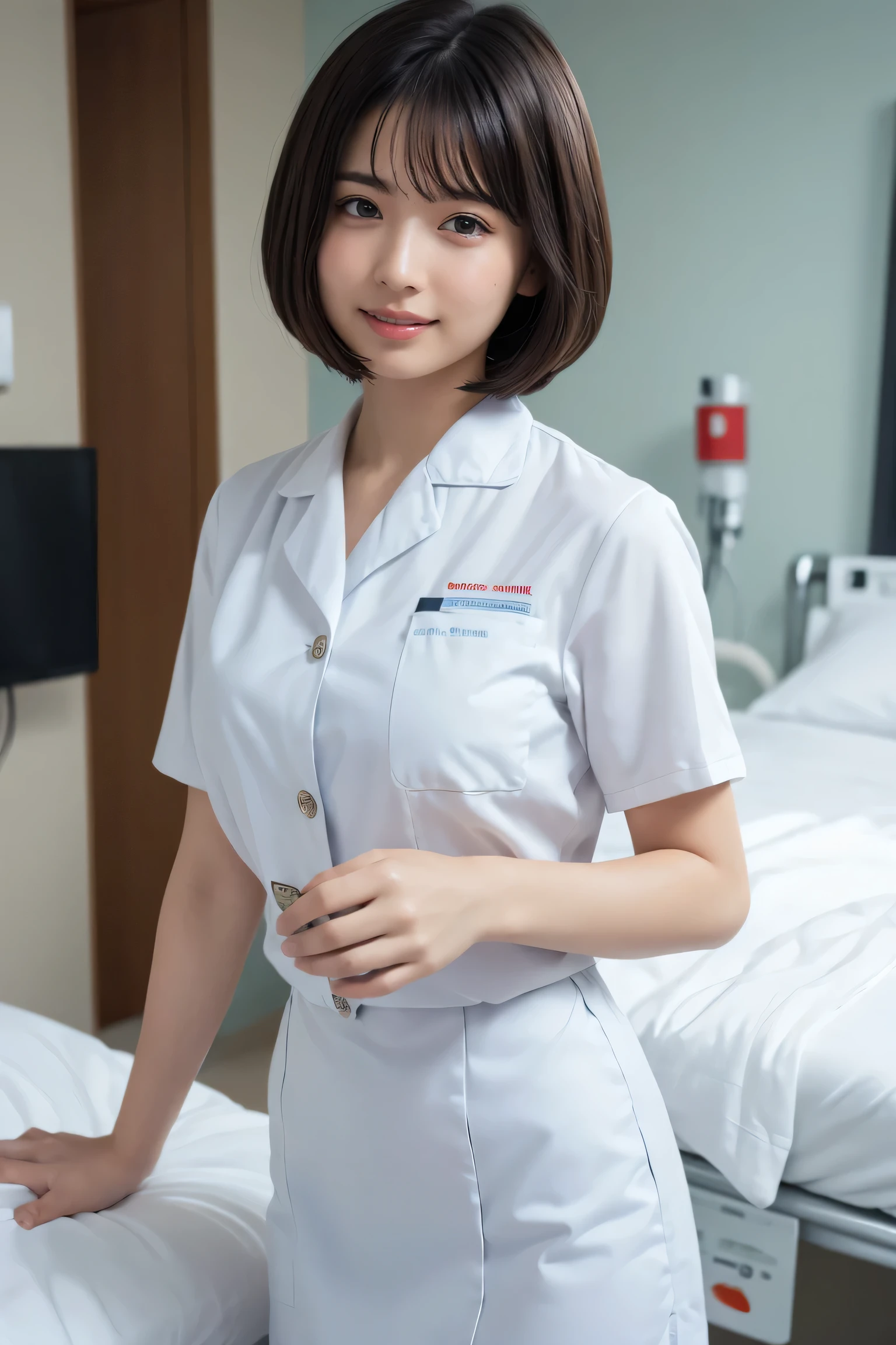 1 Girl,(Wearing white nurse clothes:1.2),(RAW Photos, Highest quality), (Realistic, photo-Realistic:1.4), masterpiece, Very delicate and beautiful, Very detailed, 2k wallpaper, wonderful, finely, Very detailed CG unity 8k wallpaper, Very detailedな, High resolution, Soft Light, Beautiful detailed girl, Very detailed eyes and face, Beautiful and detailed nose, finely beautiful eyes, nurse, Perfect Anatomy, Black Hair, Upstyle, nurse uniform, Long skirt, nurse, White costume, thin, hospital, clear, White Uniform, hospital room, Neck auscultation,Bobcut、Flip up the skirt、20th Generation、smile、Hands holding a cup