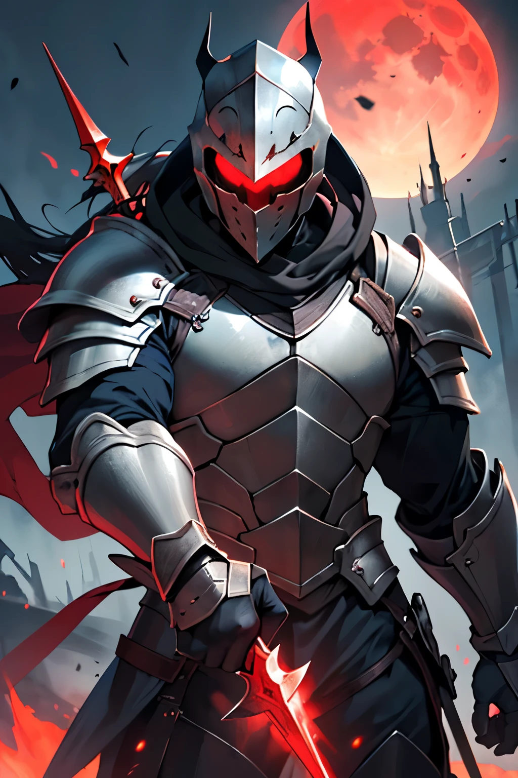 ((best qualityer)), ((work of art)), (detailded), 1 male knight, closed armor, uncanny, (Red moon in the background), helmet with entrances, black armor with red details, (holding a lightning trident), dark shadow on the face.