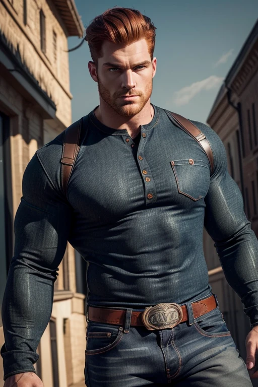 Masterpiece, Best Quality, Ultra-Detailed, muscular, imposing man [intense look], no beard,  Intimidating presence, male figure,[imposing shadows],gritty realism, extreme detailed description, wide shoulders, green eyes, detailed eyes, brilliant eyes, handsome eyes, red hair, ginger hair, [chin stubble], imposing silhouette, bright colors,  (((dark gray jeans)))  (((Big bulge)))
