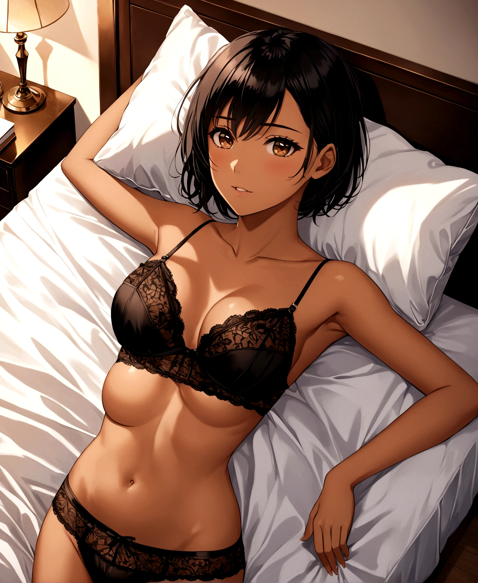 A woman, 23 years old, in a bedroom, lying on the bed, head on the pillow, looking at the viewer, arms outstretched, sympathetic, tanned brown skin, slender body, medium hips, small waist, big chest, short black hair to the neck, lingerie,