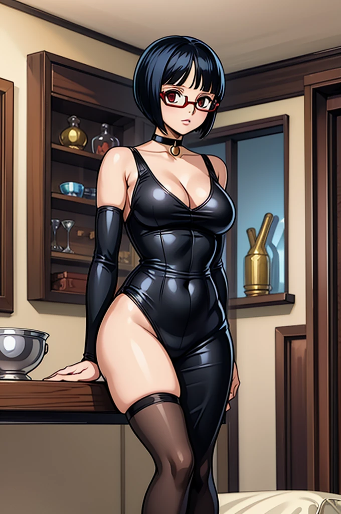 1 female, One piece art style, short girl, realistic lips, black choker, hourglass figure, nerdy clothes, bowl cut, black hair arms, hourglass figure, white eyes, red glasses, in an apartment, sigh, best quality.