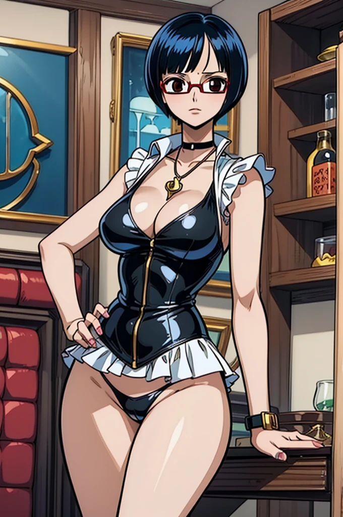 1 female, One piece art style, short girl, realistic lips, black choker, hourglass figure, nerdy clothes, bowl cut, black hair arms, hourglass figure, white eyes, red glasses, in an apartment, sigh, best quality.