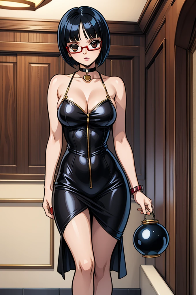 1 female, One piece art style, short girl, realistic lips, black choker, hourglass figure, nerdy clothes, bowl cut, black hair arms, hourglass figure, white eyes, red glasses, in an apartment, sigh, best quality.