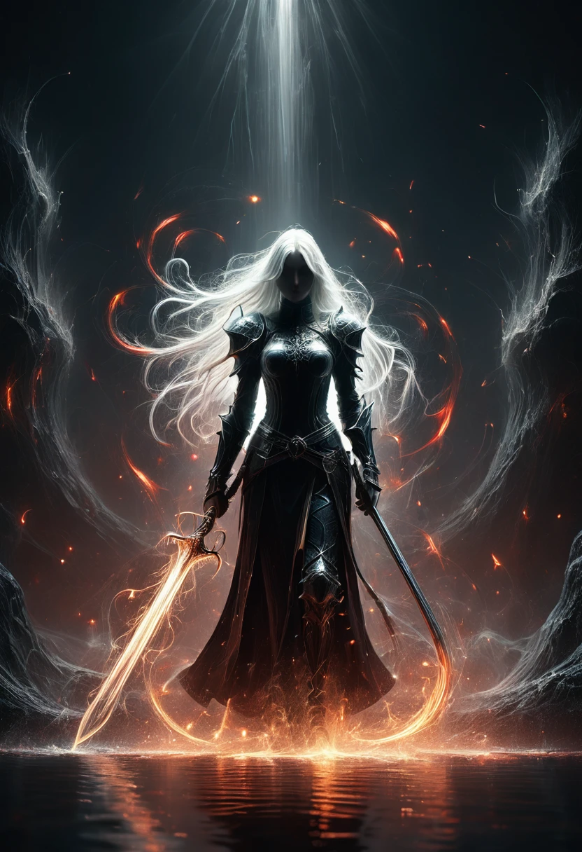 8k resolution, depth of field, photorealistic, lens flare, ((best quality)), (((intricate details))), highly detailed, (((cinematic effect))), looking at viewer,1girl,breasts,long hair, ((white hair with black highlights)), ponytail, (glowing red eyes), serious and severe face, ,wearing flame armor, helmet in the shape of a blood red head,holding,cleavages,V,vaporous swirls of deep black,holding weapon, sword, holding sword, night, (underworld,hells), well of cursed souls, (((the river styx background:1.5))),UHD, no anatomical defects,dark, extremely detailed, amazing quality, masterpiece, best quality, hyper detailed, ultra detailed, UHD, perfect anatomy, portrait, DOF, majestic, awesome, inspiring, cinematic, global illumination, dramatic, atmospheric haze, cinematic composition, deep shadows, death scythe,,made of mad-wsps, surrounded by glowing force magic,glowing character outline by dark aura\(blue:1.5\)