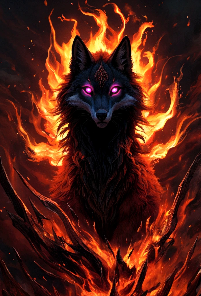 painting of a wolf with glowing eyes and a castle in the background, fantasy wolf portrait, wolf in hell, fierce expression 4k, 4k highly detailed digital art, 4k detailed digital art, fenrir, 4k fantasy art, detailed fantasy digital art, detailed digital 2d fantasy art, 8k high quality detailed art, dramatic cinematic detailed fur