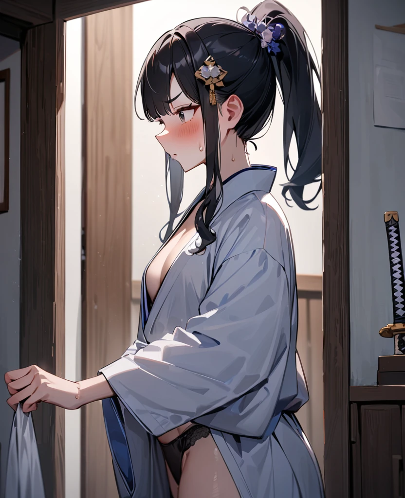 masterpiece, Highest quality, so beautiful, Absurd, Latest, One Girl, Unbuttoned kimono,Small breasts,panties,Sweat,Inn changing room, alone, shout, v eyebrows, Black Hair, View your audience, ponytail, Long Hair, sword, kimono, arms, Similarly, blush,hair ornaments, bangs, Shine