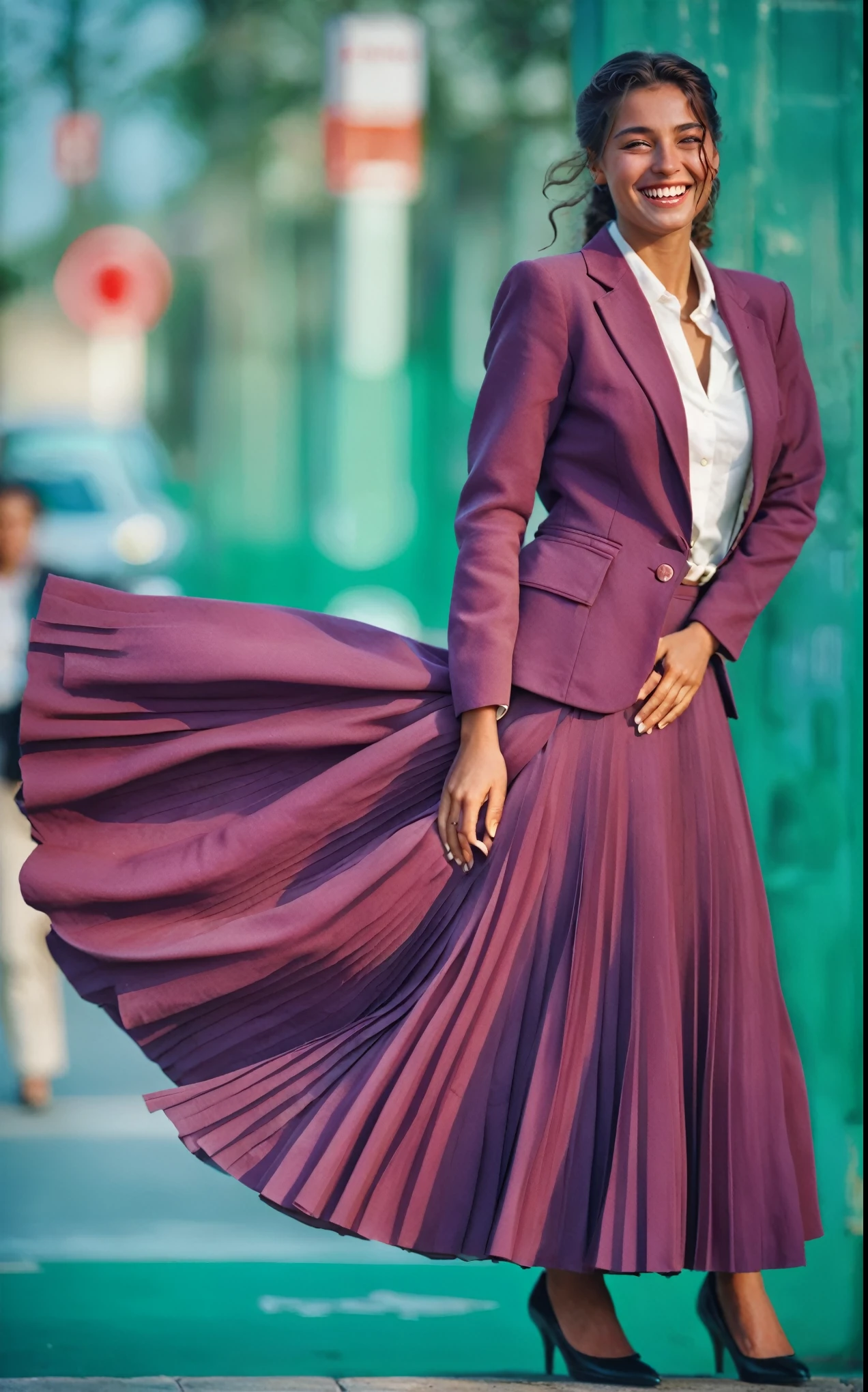 A smiling, authentic, (shy:1,3), kind, beautiful woman, is passionately in love with her skirt, wind wildly lifts her skirt, wearing uniform jacket and very, very detailed (long (fully pleated) full circle skirt) and (low heeled court shoes), very, very intricate hyper-detailed symmetric (attractive graceful young feminine face) with (sad, tired eyes and a loving smile), very voluptuous breasts, full of empathy and compassion and love, (pronounced (feminine) features), (highly detailed ultra accurate realistic) hands and fingers, (windy), epic composition, highly detailed attributes, (35mm f1.4 Kodak portra 400 photograph), extremely high quality RAW photograph, highly detailed atmosphere, sci-fi, cinematic shot, dynamic lighting, 75mm, Technicolor, Panavision, cinemascope, sharp focus, fine details, 8k, HDR, realism, realistic, key visual, film still, superb cinematic color grading, depth of field