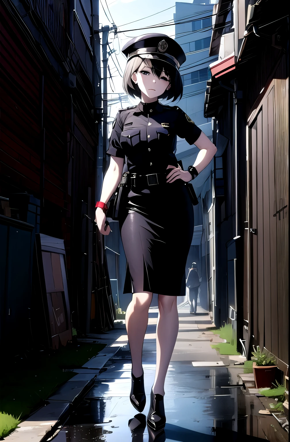 (masterpiece, Best quality, detailed), 1 girl, One, Looking at the viewer, Ugioshino, short hair, bang, black hair, hair between eyes, black eyes, bob haircut, pale skin, empty eyes,
policewoman, Police uniform, police hat, tie, pencil skirt, armband, chest pocket, lane, industrial pipe, building, urban, energy lines, cloudy sky, sign, Dark, night, Bin, puddle, contrasting, not happy, closed mouth