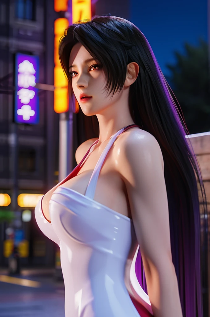 (best quality: 0.8), (best quality: 0.8), perfect anime illustrations, Close-up of a beautiful young woman walking around the city, very long purple hair, large breasts, blush, red eyes. (((no))) , Big breasts, transparent white dress, neon, night, city, super detailed, super detailed face, bright eyes, galaxies in eyes, ridiculous 4k Full HD on pixiv, well done, red eyes, file download, big erect areolas (love fruit juice 1;4) nonsense