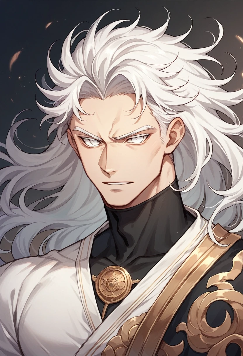 anime style, man, long white hair, white eyes, thunder around the body, inspired by zeus wearing shirt