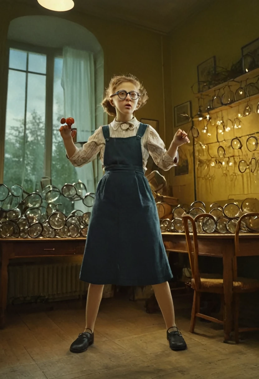 Wearing Glasses, full body, by Elsa Beskow, dramatic composition, cinematic dynamic action scene, vibrant colors, cinematic lighting, dramatic lighting, best quality, masterpiece, very aesthetic, perfect composition, intricate details, ultra-detailed