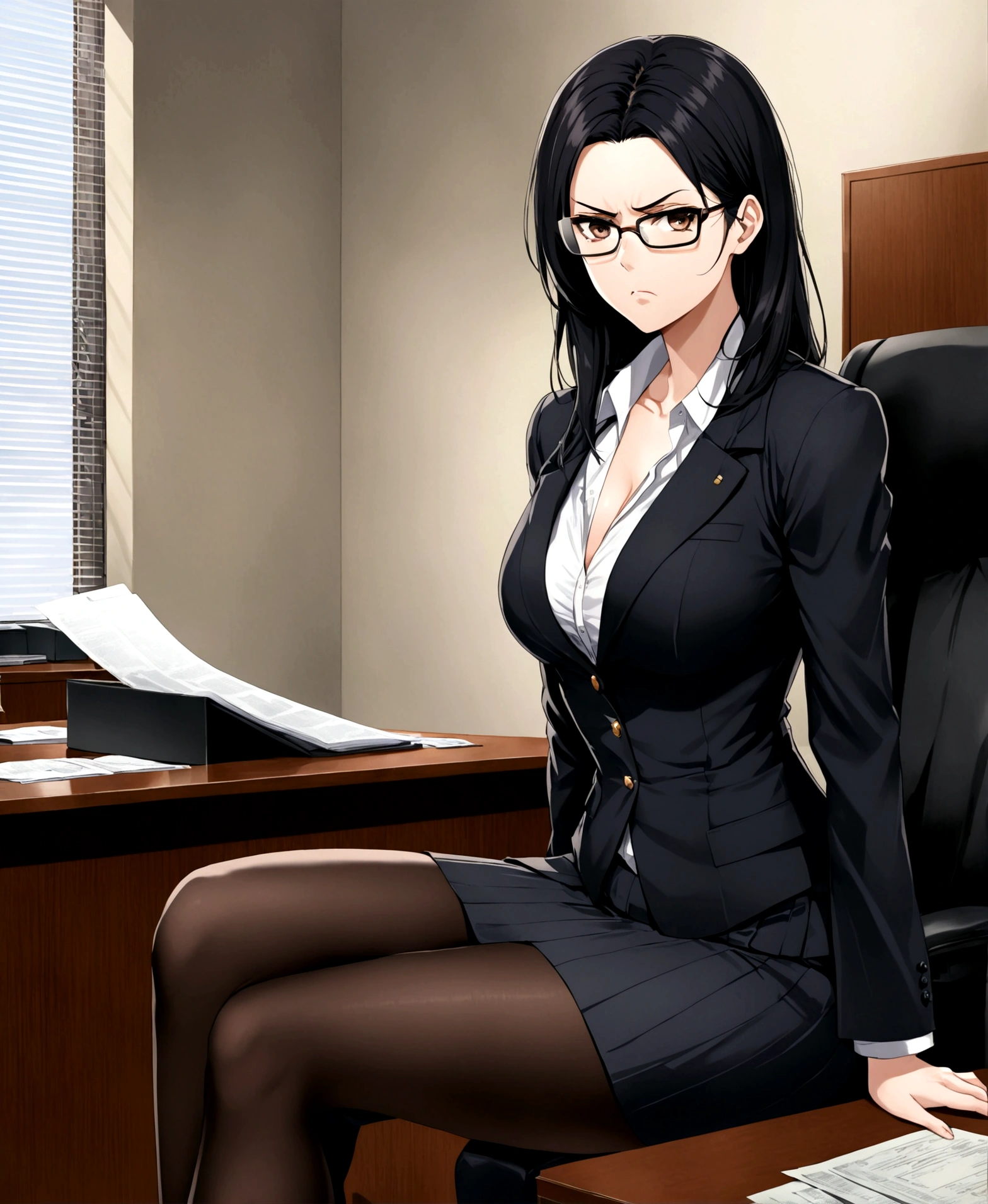 An adult woman, tall, imposing, formal suit, blazer, plain knee-length skirt, black stockings, white blouse, low neckline, opaque glasses, hourglass body, wide hips, small waist, large chest, black hair, dark brown eyes, pale skin, in a government office, right side focus, seated, angry, indifferent,