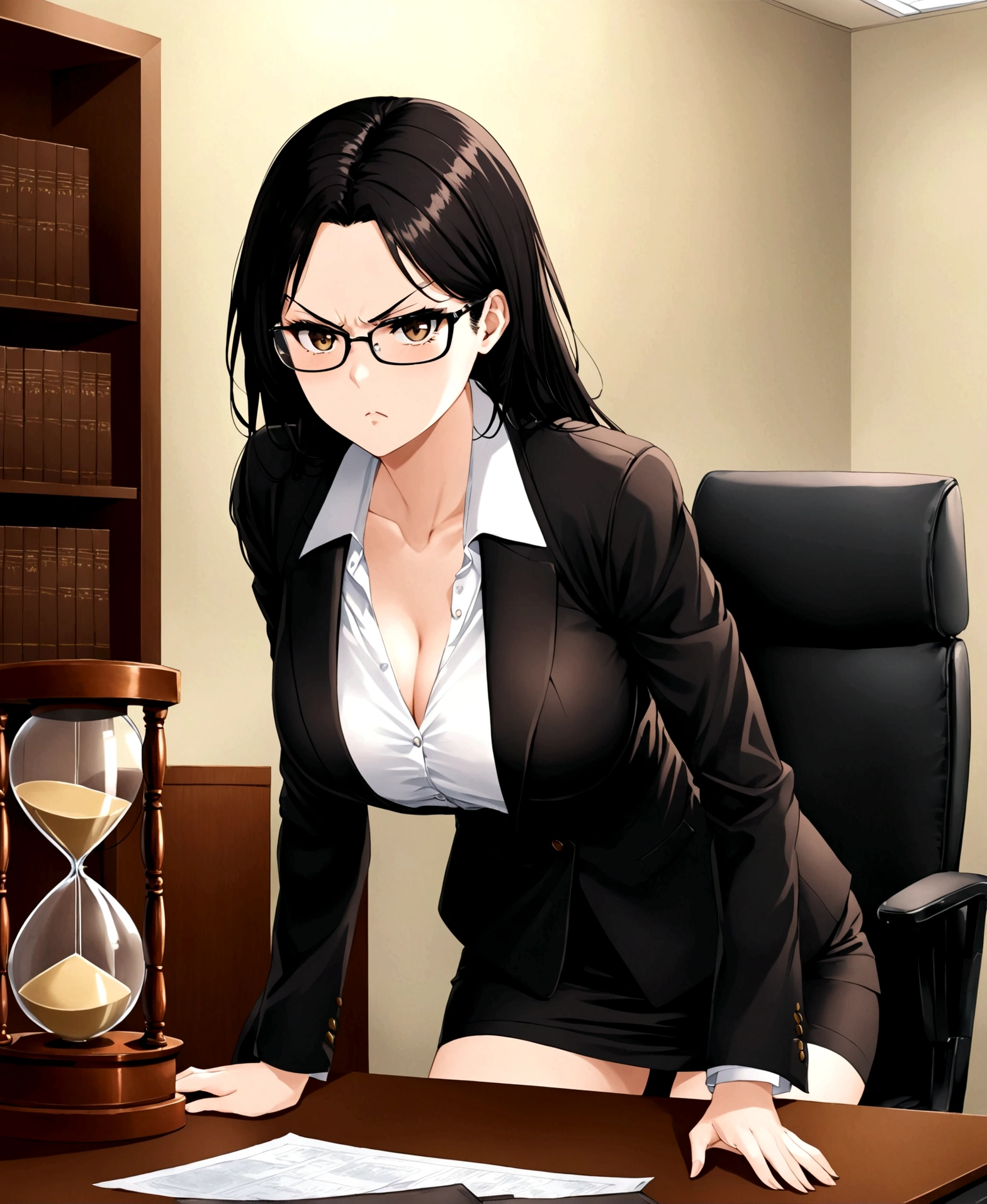 An adult woman, tall, imposing, formal suit, blazer, plain knee-length skirt, black stockings, white blouse, low neckline, opaque glasses, hourglass body, wide hips, small waist, large chest, black hair, dark brown eyes, pale skin, in a government office, right side focus, seated, angry, indifferent,
