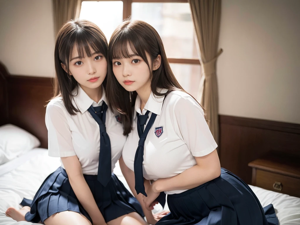 (RAW photo, 4k, masterpiece, high resolution, extremely complex) (realistic: 1.4), cinematic lighting
((2 girls, 2 schoolgirls)),Slam Dunk's,blushing,((innocent)),bright eyes,round eyes,blunt bangs,(straight hair:1.3),black hair,large breasts,wide hips,Summer Noon, ,Hot, (Best Quality), (Highres), (an Extremely Delicate and Beautiful),(Beautiful 8k face),(Brown eyes),short bob hair,( spectators),(gigantic breasts),(Play with each other,Touching each other's bodies,Touching the body),(Japanese high school uniform:1.3),blue skirt,(reality),bright lighting,(The background is a luxury hotel room)