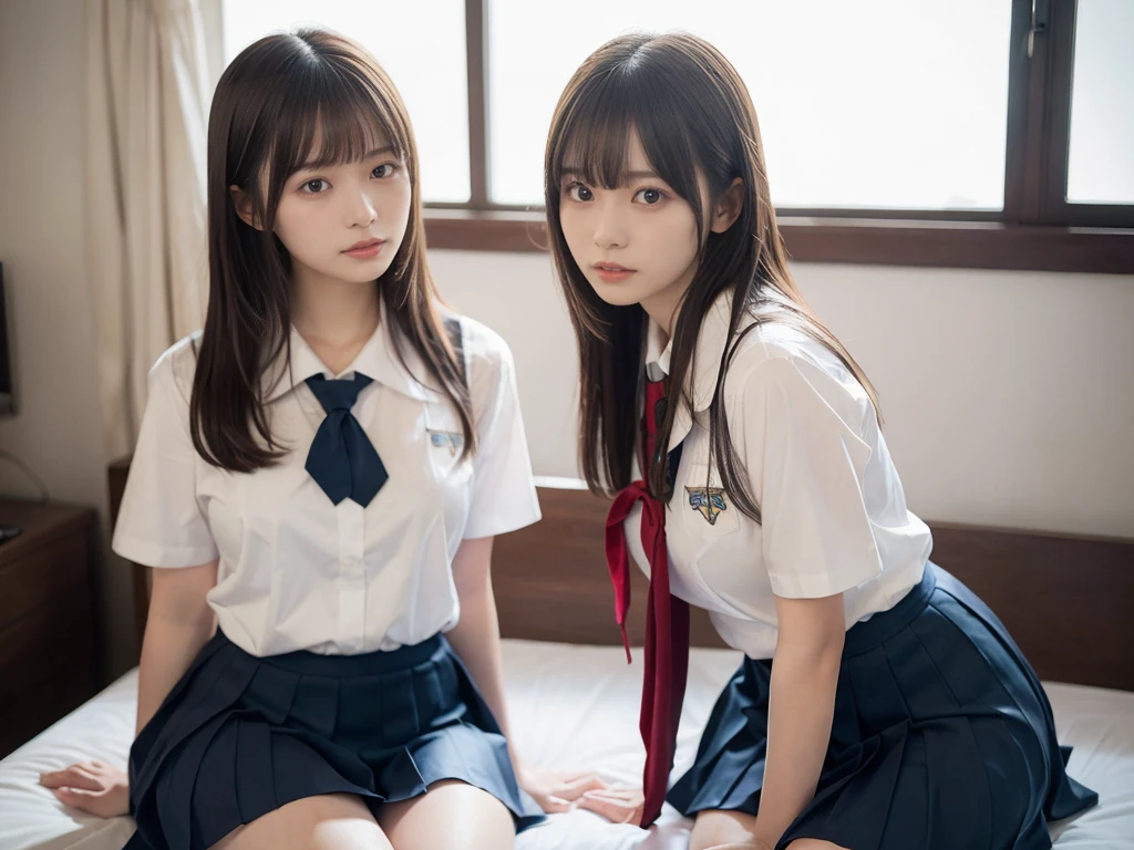 (RAW photo, 4k, masterpiece, high resolution, extremely complex) (realistic: 1.4), cinematic lighting
((2 girls, 2 schoolgirls)),Slam Dunk's,blushing,((innocent)),bright eyes,round eyes,blunt bangs,(straight hair:1.3),black hair,large breasts,wide hips,Summer Noon, ,Hot, (Best Quality), (Highres), (an Extremely Delicate and Beautiful),(Beautiful 8k face),(Brown eyes),short bob hair,( spectators),(gigantic breasts),(Play with each other,Touching each other's bodies,Touching the body),(Japanese high school uniform:1.3),blue skirt,(reality),bright lighting,(The background is a luxury hotel room)