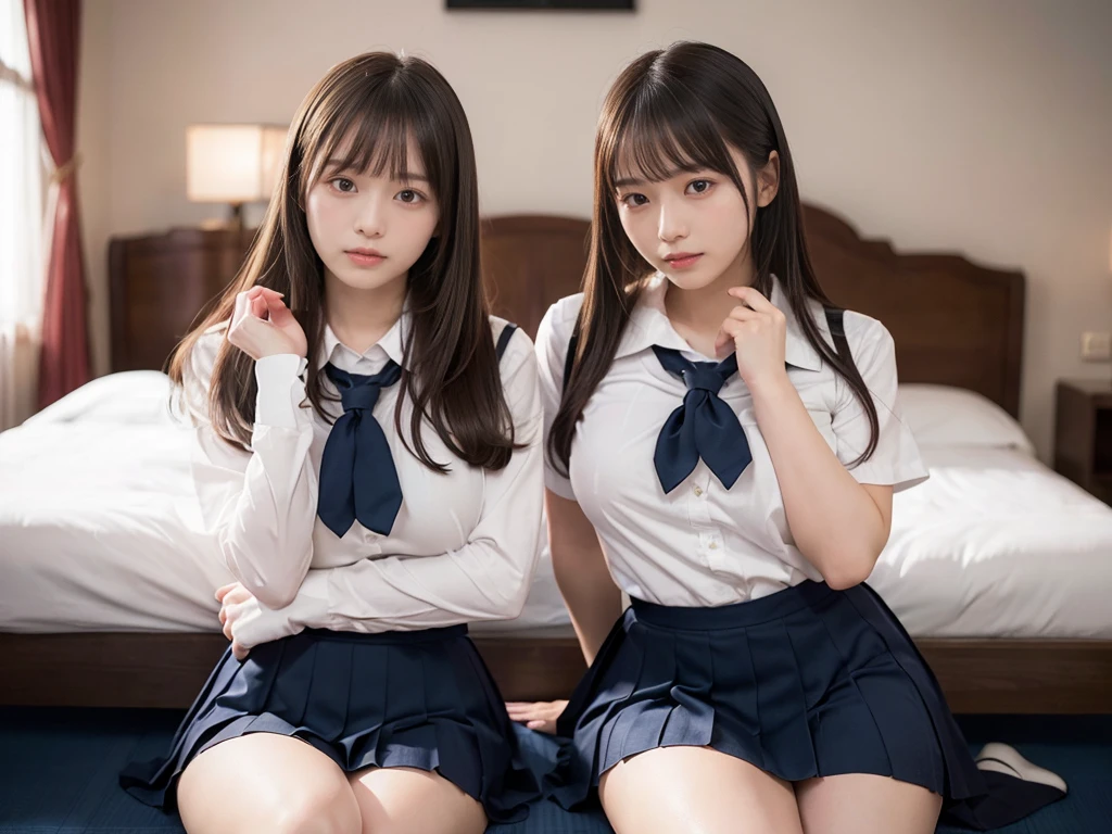(RAW photo, 4k, masterpiece, high resolution, extremely complex) (realistic: 1.4), cinematic lighting
 ((2 girls, 2 schoolgirls)),Slam Dunk's,blushing,((innocent)),bright eyes,round eyes,blunt bangs,(straight hair:1.3),black hair,large breasts,wide hips,Summer Noon, ,Hot, (Best Quality), (Highres), (an Extremely Delicate and Beautiful),(Beautiful 8k face),(Brown eyes),short bob hair,( spectators),(gigantic breasts),(Play with each other,Touching each other's bodies,Touching the body),(Japanese high school uniform:1.3),blue skirt,(reality),bright lighting,(The background is a luxury hotel room)