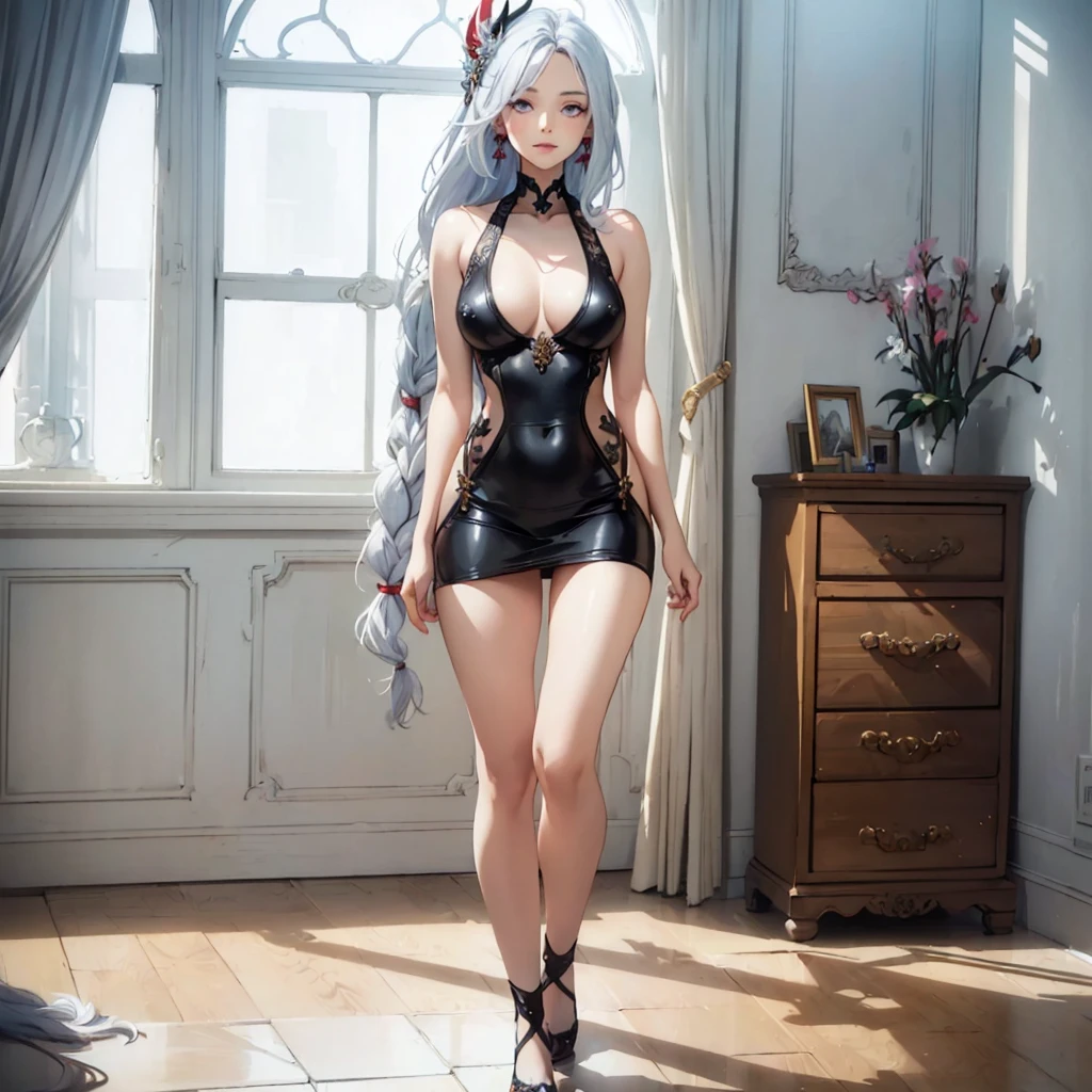 ((1girl, solo)), beautiful body, (perfect anatomy, perfect body, perfect hands, perfect legs), natural proportions, sexy body, large breasts, ((full body, full body front)) BREAK
((extremely detailed face)), (beautiful detailed eyes:1.6), (realistic pupils, realistic iris:1), expressive eyes, looking at viewer, (clear eyes:1.3), (hyperrealistic:1.2), (detailed skin texture:1.2), smooth skin, ((silver white hair)), long hair, ((very long hair)), braid, (braided ponytail:1.3), bangs, parted bangs, hime cut, ((hair over right eye)), eyes visible through hair, ((red tassel earrings)), ((hair tie)), hair ornament, ((mature female)), ((little smile)), (detailed lips:1.2), (attractive lips:1.1), (glossy lips:1), parted lips, perfect face, perfect eyes BREAK
(masterpiece:1.5), anime-style, top quality, best quality, (beautiful and aesthetic:1.2), (ultra detail:1.5), Ultra-detailed depiction, Ultra-precise depiction, extremely detailed 8k illustration, high resolution, (highly detailed shading:1.2), (realistic lighting:1.4), perfect lighting, vibrant colors, dynamic tones, striking hues, 8k, absurd resolution, perfect shadows, hdr, UHD, ambient lighting, realistic, ultra-realistic, photo realistic, highly detailed, rich detail, luminous colors, fine texture, intricate design, professional illustration, (soft light:1.2), (illustration:0.7)