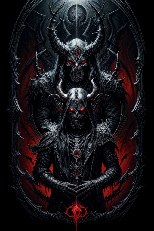 a drawing of a demonic creature with a red eye, highly detailed dark art, Gottmaschine, detailed cover artwork, decorated with demon skulls, Intricate devilish designs, style of giger, Diablo concept art, devil, Digital concept art of Diablo, psytrance and giger, in style of giger, Heavy Metal Art Style, Heavy Metal Artwork