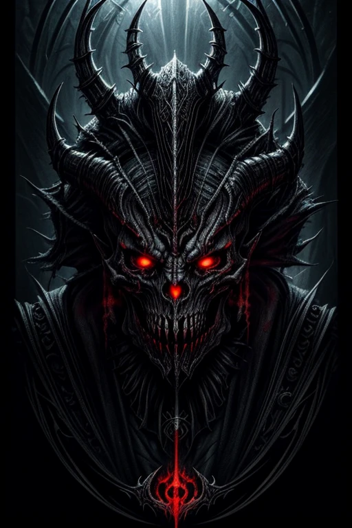 a drawing of a demonic creature with a red eye, highly detailed dark art, Gottmaschine, detailed cover artwork, decorated with demon skulls, Intricate devilish designs, style of giger, Diablo concept art, devil, Digital concept art of Diablo, psytrance and giger, in style of giger, Heavy Metal Art Style, Heavy Metal Artwork