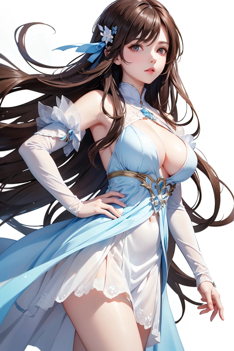 Masterpiece, Best quality, 1 Female, Mature Woman, Elder Sister, young girl, brown eyes, long hair, smoky mix brown color hair, resolute eyes, white and blue dress, long white eardrop, morden, frontal photo, blank background, remove background, anime, illustration