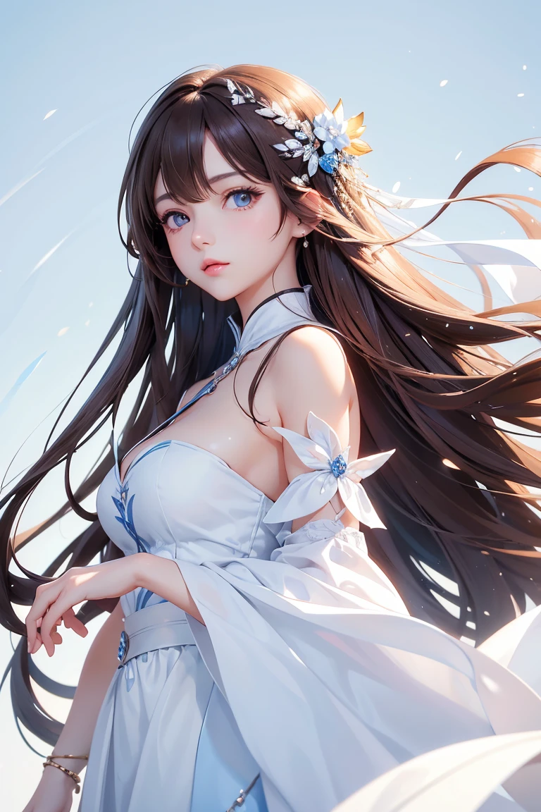 Masterpiece, Best quality, 1 Female, Mature Woman, Elder Sister, young girl, brown eyes, long hair, smoky mix brown color hair, resolute eyes, white and blue dress, long white eardrop, morden, frontal photo, blank background, remove background, anime, illustration