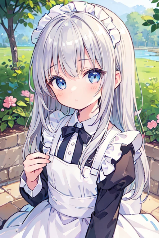 (best quality, masterpiece:1.2), ultra detailed, extremely detailed eyes and face, natural skin texture, detailed skin, natural lighting,
chibi, 1 girl, 12-years-old, (cute),
silver hair, middle hair, straight hair, shiny hair,
blue eyes,
flat chest,
maid,
upper body,