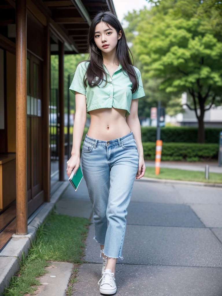 (best quality, Masterpiece, Realistic photos, very detailed, Ultra high resolution, raw:1.3), 1 woman, beautiful, Japan, in university, A young university girl wears a green button-up crop top., Blue Jeans, showing navel, College Student, navel, (canvas shoes, ขาbeautiful, full body), Walking place, holding a book, Dress well 