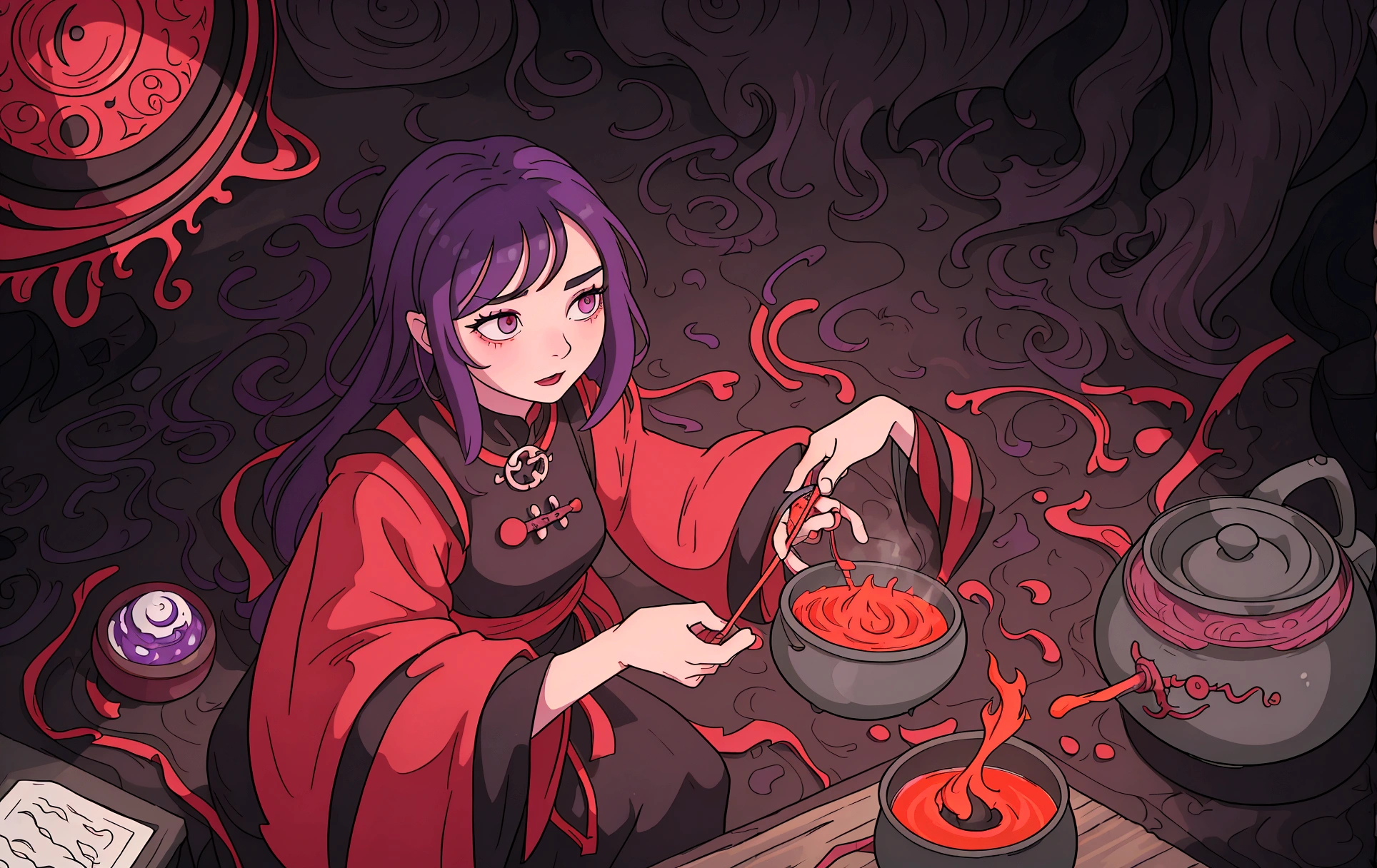The witch is stirring the pot、The inside of the pot is a horrifying color.、Ancient witches' secret spells、The forgotten witch's spell resounds