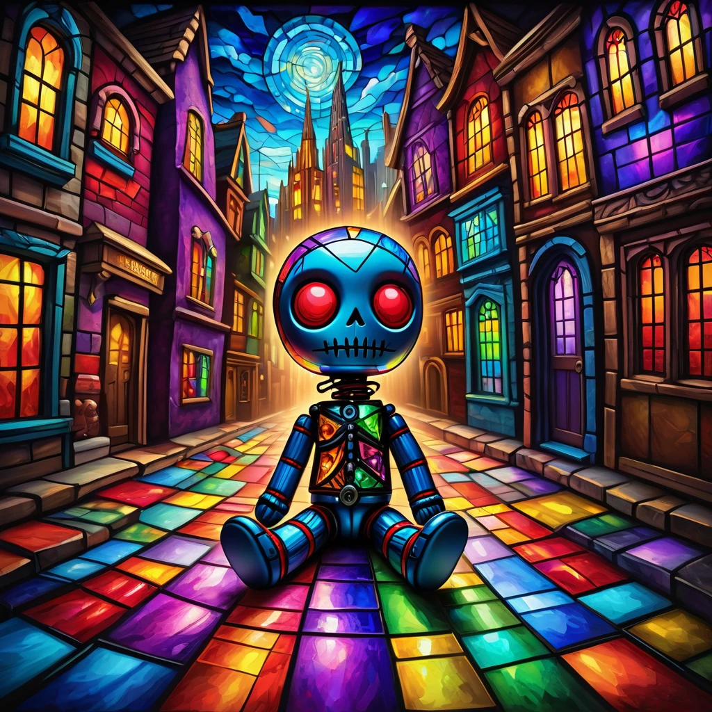 (knitted toy voodoo doll:1.5), (Voodoo Doll in a Stained Glass City:1.3), (Clothing: artistic attire with stained glass patterns:1.0), (Accessories: enchanted glass cutter emitting a prismatic light, floating glass shards:1.1), (background: intricate cityscape with colorful stained glass buildings, glowing pathways, and a kaleidoscopic sky:1.2), best quality, masterpiece, detailed soft oil painting, detailed background, dramatic cinematic lighting, soft edge lighting, professional, dramatic lighting, hard edge lighting, ultra quality, 4k, masterpiece, best quality, 8k, ultra high definition, high resolution, extremely detailed