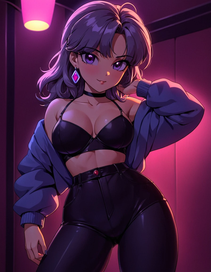 A grown woman, late twenties age, standing up, beautiful, alluring nightlife attire, cozy lighting, cozy background, cellshading style, 80s anime style cell shading