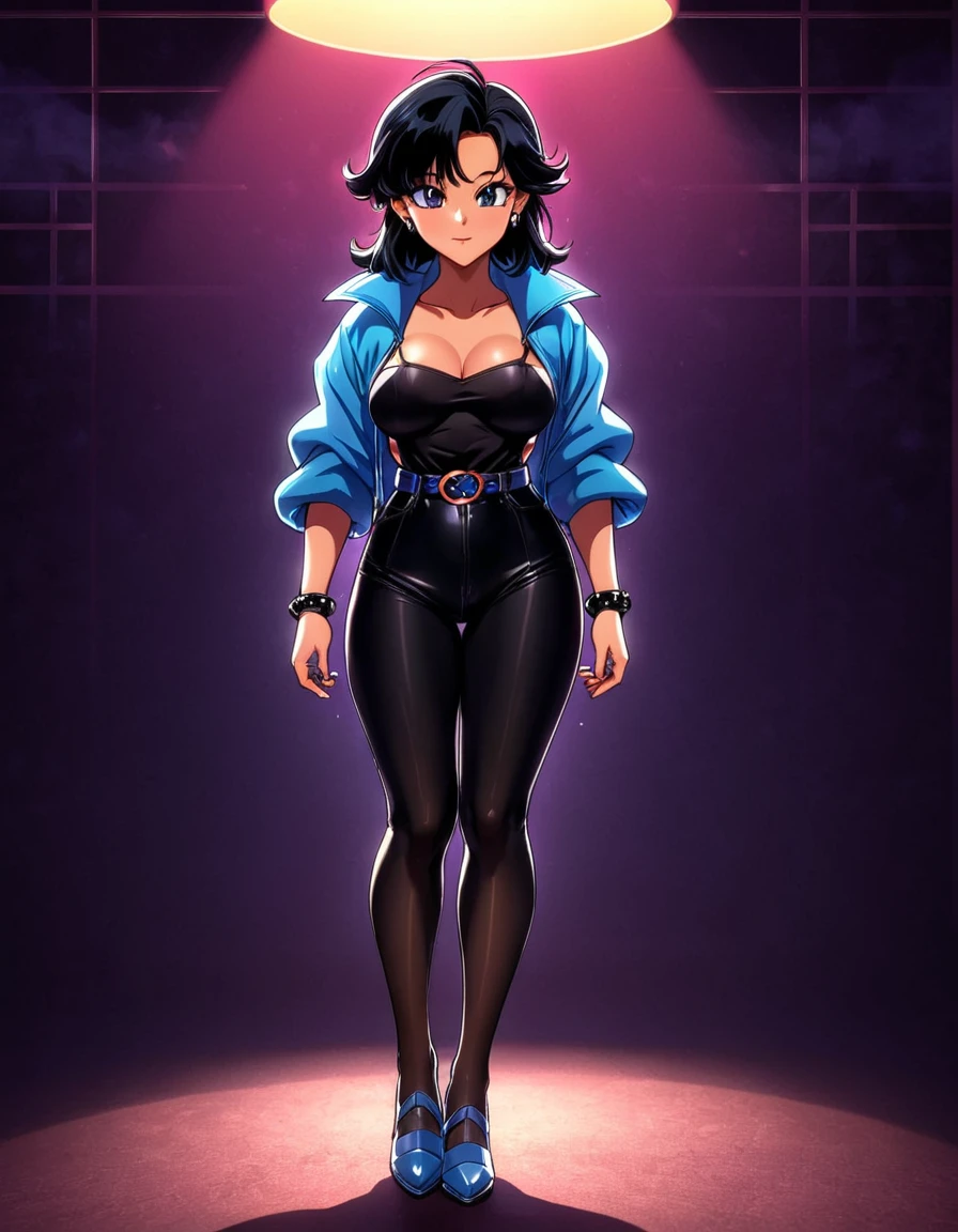 A grown woman, late twenties age, standing up, beautiful, alluring nightlife attire, cozy lighting, cozy background, cellshading style, 80s anime style cell shading