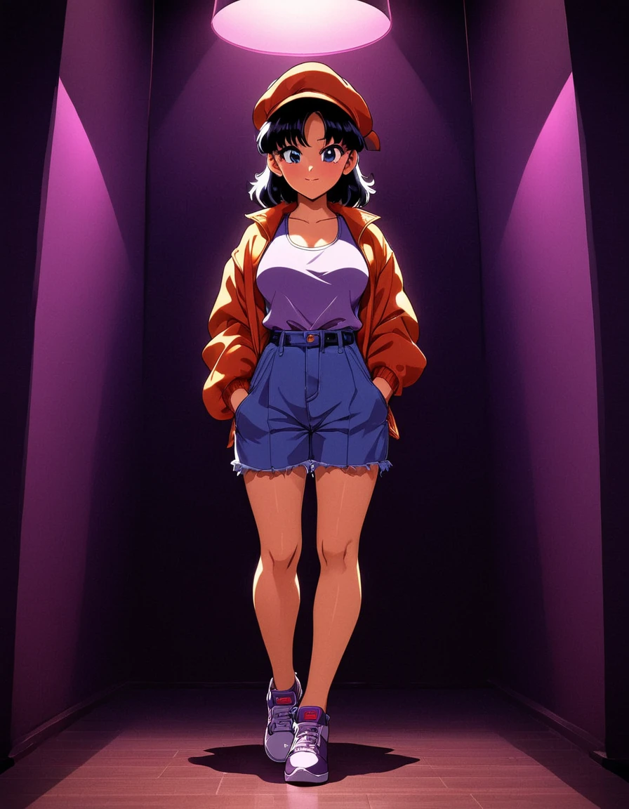 A grown woman, late twenties age, standing up, beautiful, alluring nightlife attire, cozy lighting, cozy background, cellshading style, 80s anime style cell shading