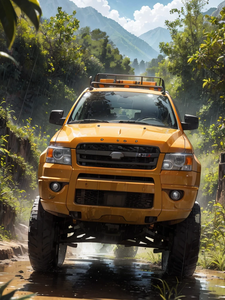 A rugged orange 4x4 vehicle drives through a muddy, rocky path in a lush, green jungle. Rain is falling, and the vehicle is covered in mud. The image is framed by tall trees and mountains in the distance. Write without spelling mistake, The text "ONE LIFE LIVE IT" is superimposed on the image.The mood is adventurous and exciting. The style is realistic and cinematic, with a focus on the vehicle and the natural beauty of the surroundings. The image is shot from a low angle, emphasizing the size and power of the vehicle. The lighting is soft and natural, with a focus on the rain and the lush greenery. The colors are vibrant and saturated, with a focus on the orange of the vehicle and the green of the jungle. The image is rendered in high detail, with a focus on the texture of the mud and the leaves. The background is blurred, drawing the viewer's attention to the vehicle and the path ahead.