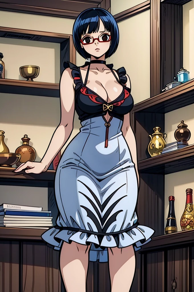 1 female, One piece art style, short girl, realistic lips, black choker, hourglass figure, polo with exposed with cleavage, frilly dress bowl cut, black hair, hourglass figure, white eyes, red glasses, in an apartment, sigh, best quality.