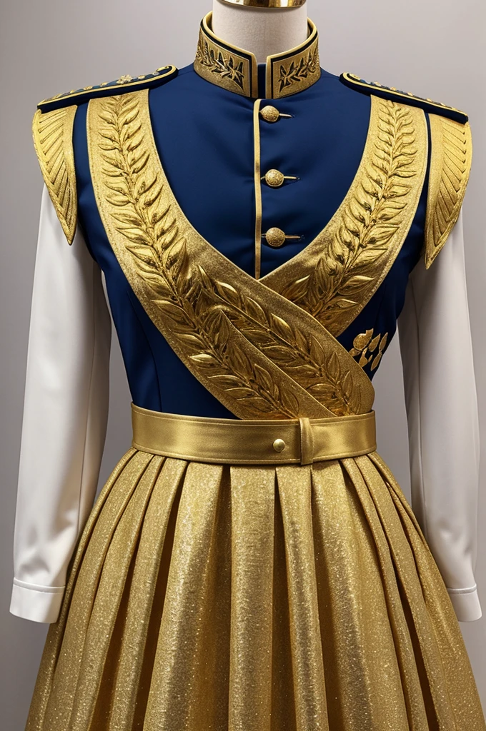 Design of a dress with a cadet collar and a gold military style with laurel decorations and epaulettes on the front